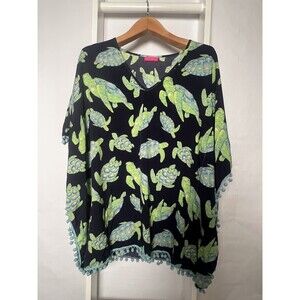 Simply Southern Swim Cover Up Womens One Size Blue Green Turtles Pullover VNeck